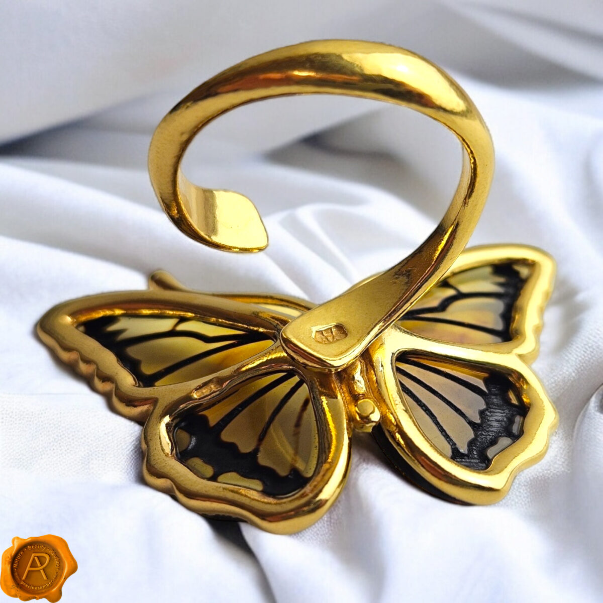 Adjustable Carved Amber Butterfly Ring - Image 3