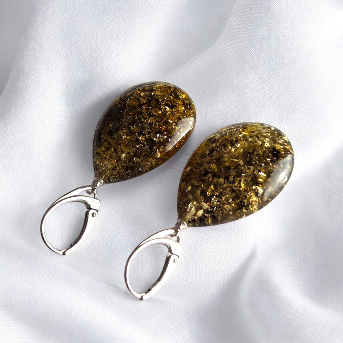 Green Amber Teardrop Silver Earrings - Image 4