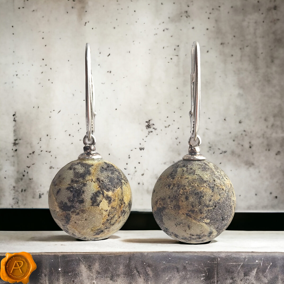 Rare Marble Amber Sphere Earrings 16mm - Image 1