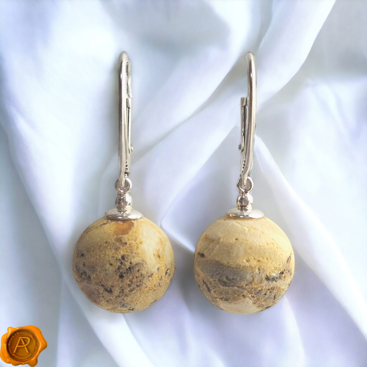 Rare Marble Amber Sphere Earrings 14mm - Image 3