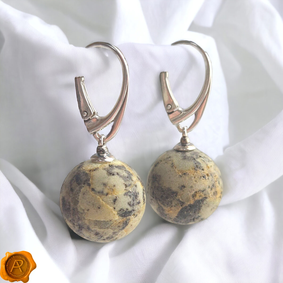 Rare Marble Amber Sphere Earrings 16mm - Image 3