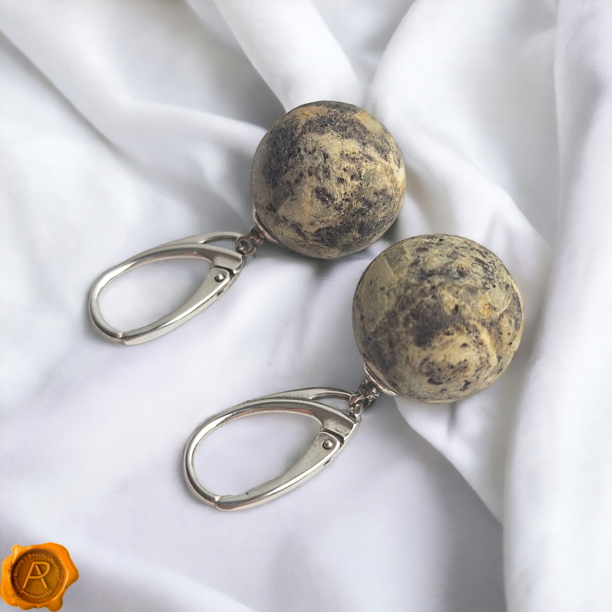 Rare Marble Amber Sphere Earrings 16mm - Image 4