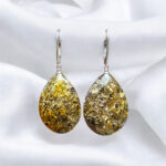 LARGE Natural Green Baltic Amber Gemstone Sterling Silver Drop Teardrop Earrings Women, Chunky Real Amber Classic Earrings