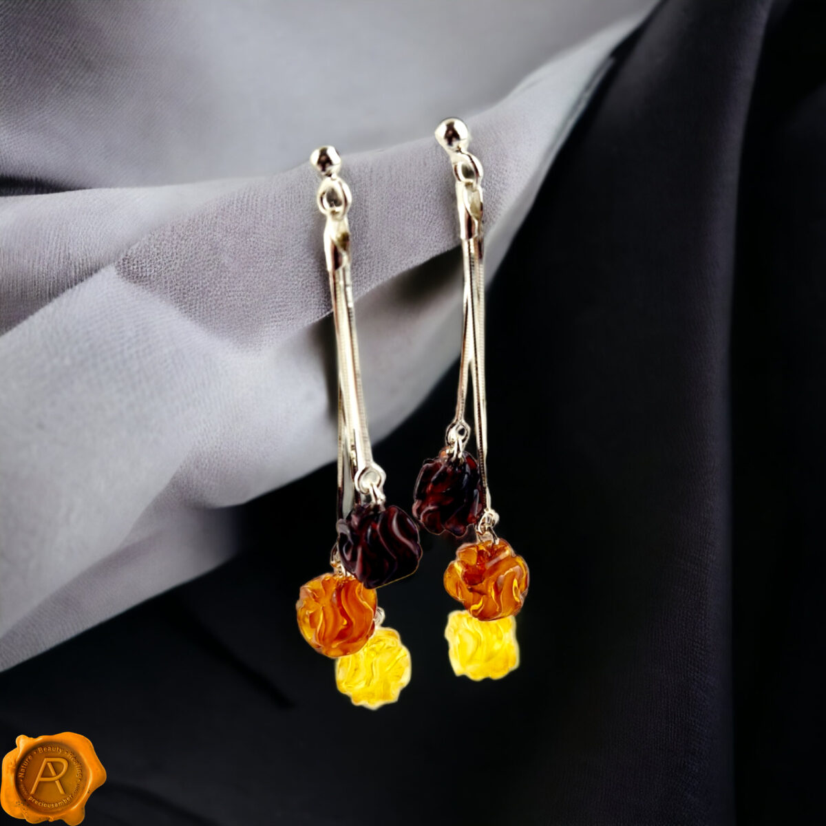 Carved Amber Rose Swing Earrings - Image 1