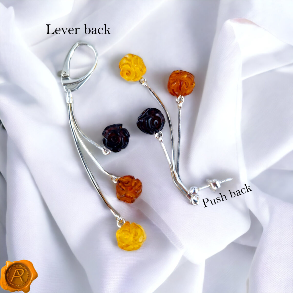 Carved Amber Rose Swing Earrings - Image 5