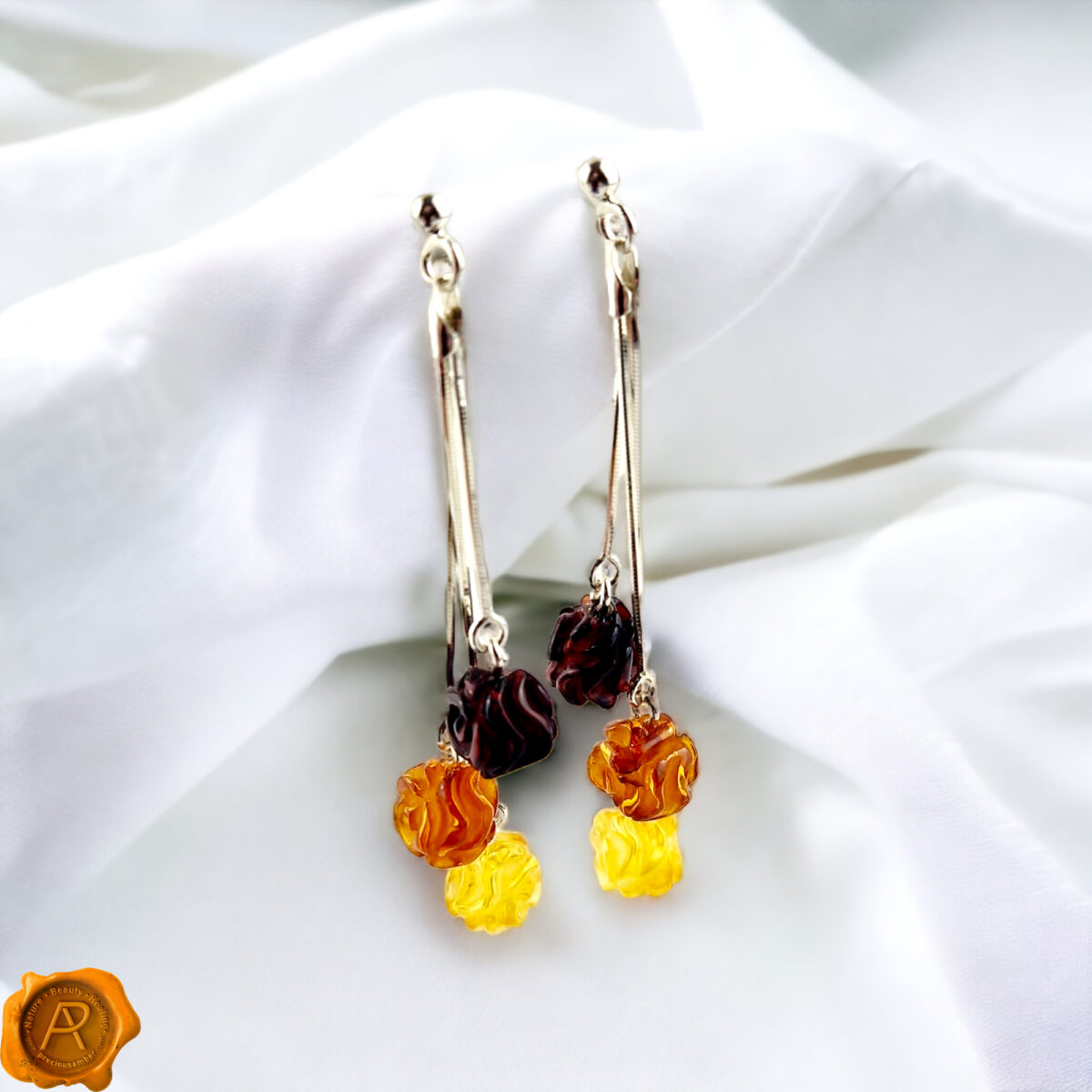 Carved Amber Rose Swing Earrings - Image 4