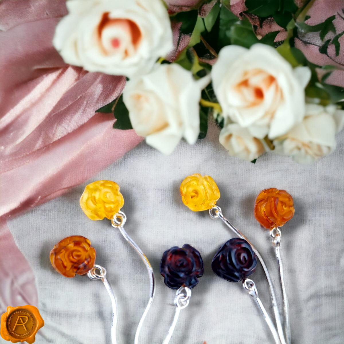 Carved Amber Rose Swing Earrings - Image 2