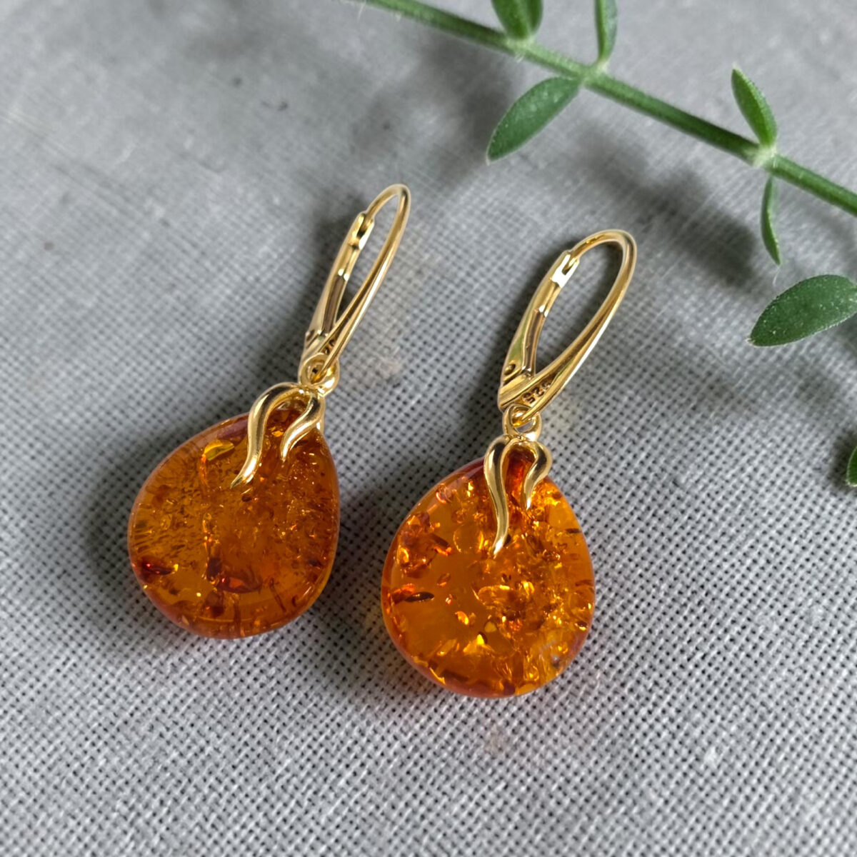 Honey Amber Teardrop Gold Earrings - Image 3