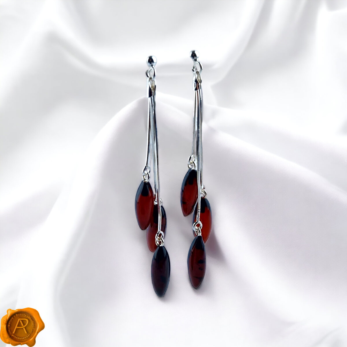 Sterling-Silver-Honey-Red-Black-Cherry-Baltic-Amber-Small-Beads-Dublin-Gemstone-Long--Teardrop-Drop-Dangle-Swing-Earrings-Jewellery-Gift-for-Women-UK-Ireland Cherry Amber Swing Earrings - Image 2