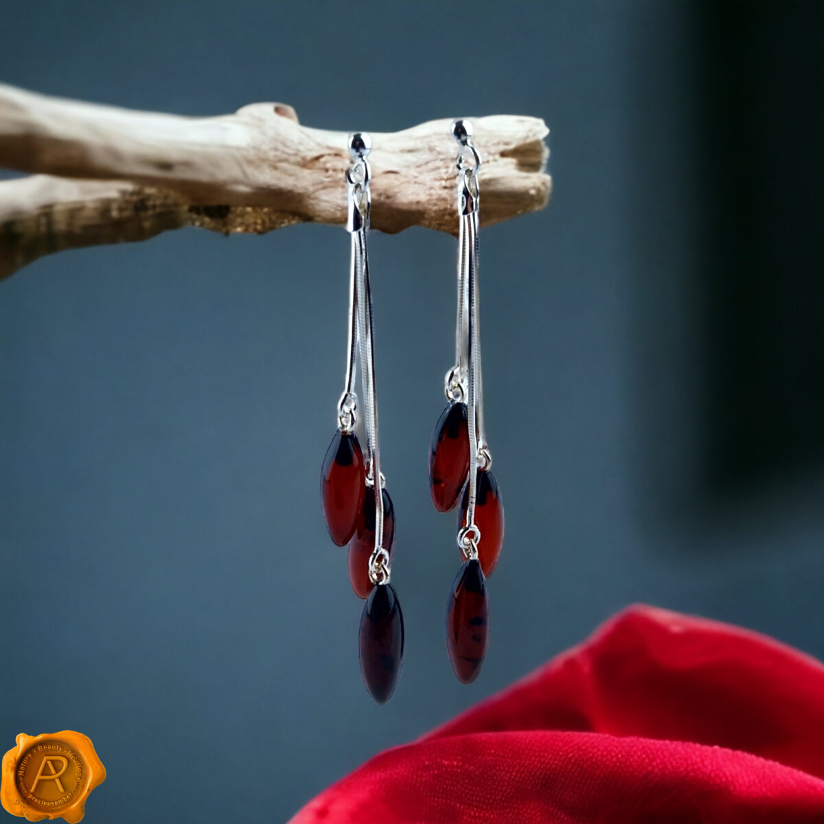 Sterling-Silver-Red-Black-Cherry-Baltic-Amber-Beads-Dublin-Gemstone-Teardrop-Dangle-Swing-Earrings-Jewellery-Gift-UK-Ireland Cherry Amber Swing Earrings - Image 1