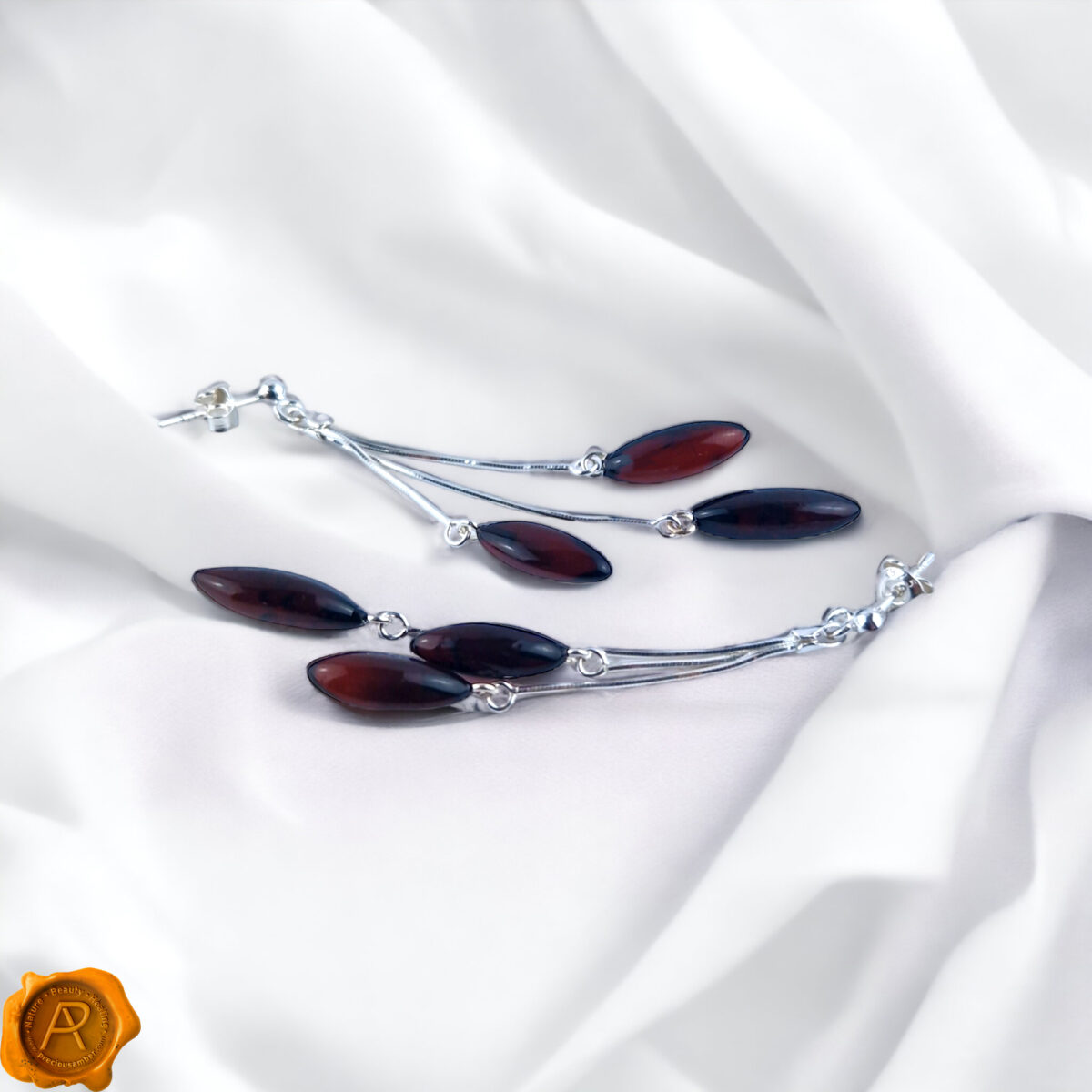 Sterling-Silver-Red-Black-Cherry-Baltic-Amber-Small-Beads-Dublin-Gemstone-Long--Teardrop-Drop-Dangle-Swing-Earrings-Jewelry-Gift-UK-Ireland Cherry Amber Swing Earrings - Image 3