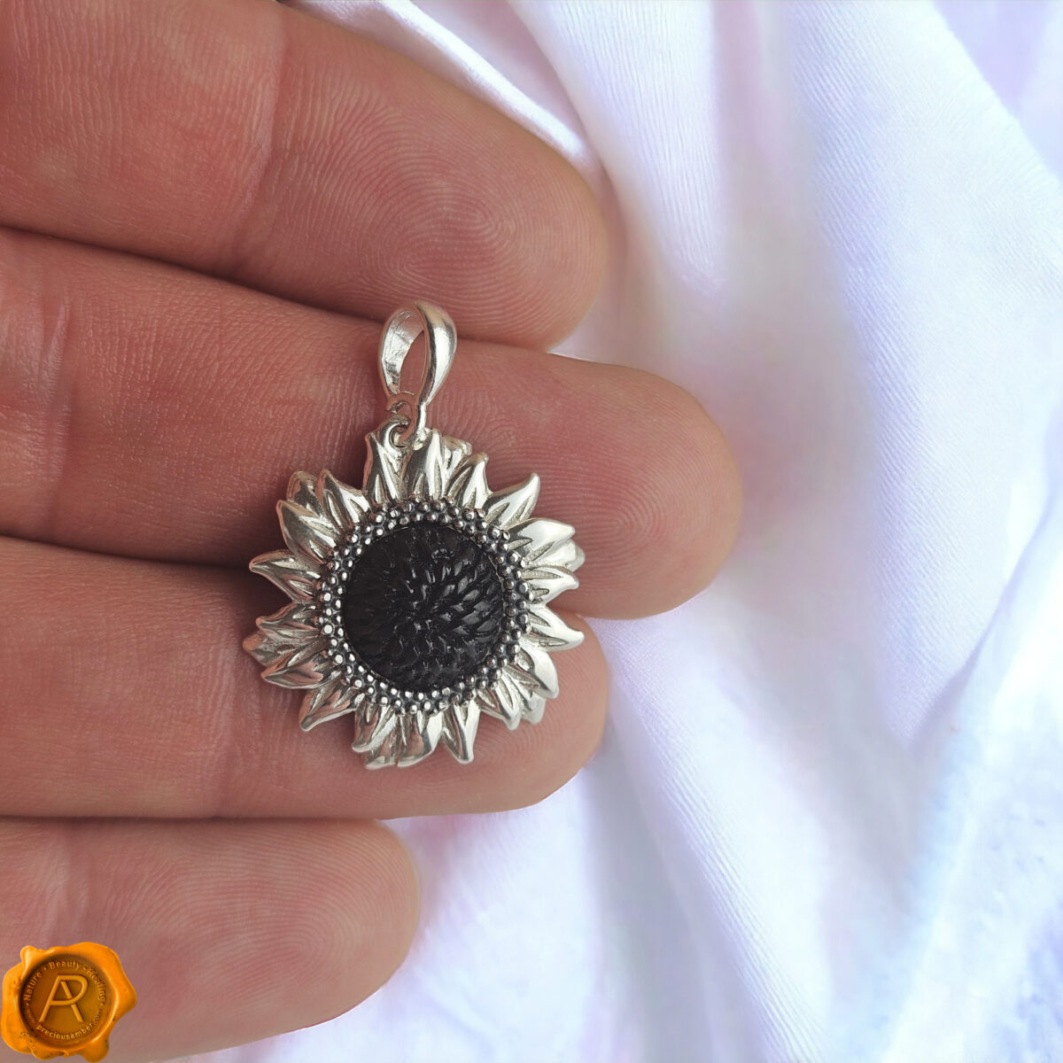 Black-Baltic-Amber-Sunflower-Gemstone-Sterling-Silver-Drop-Pendant-Necklace-Gift-Flower-Summer-Jewellery-for-Women-UK-Ireland Amber Sunflower Silver Pendant - Image 5
