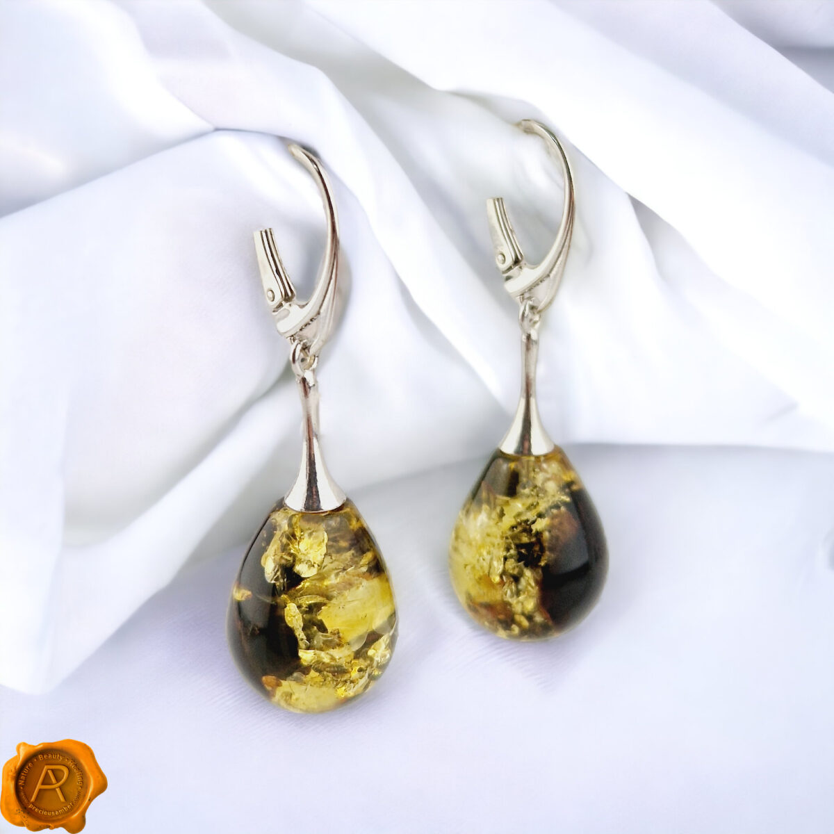Green Amber Teardrop Silver Earrings - Image 2