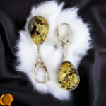 Green Amber Teardrop Silver Earrings