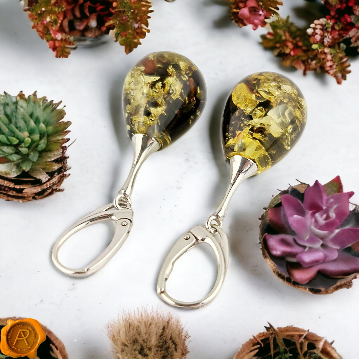 Green Amber Teardrop Silver Earrings - Image 4