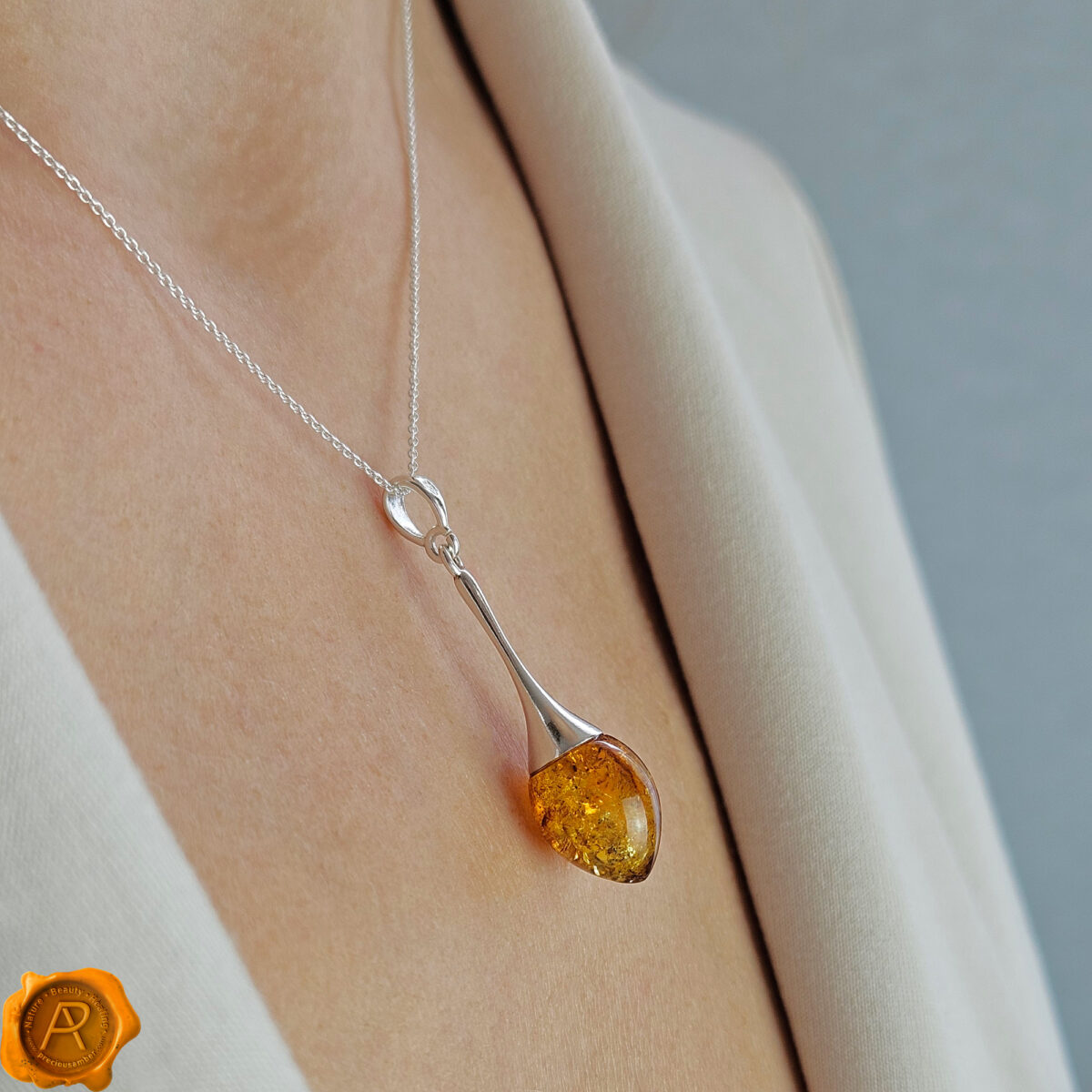 Amber Silver Drop Pendant - Image 2