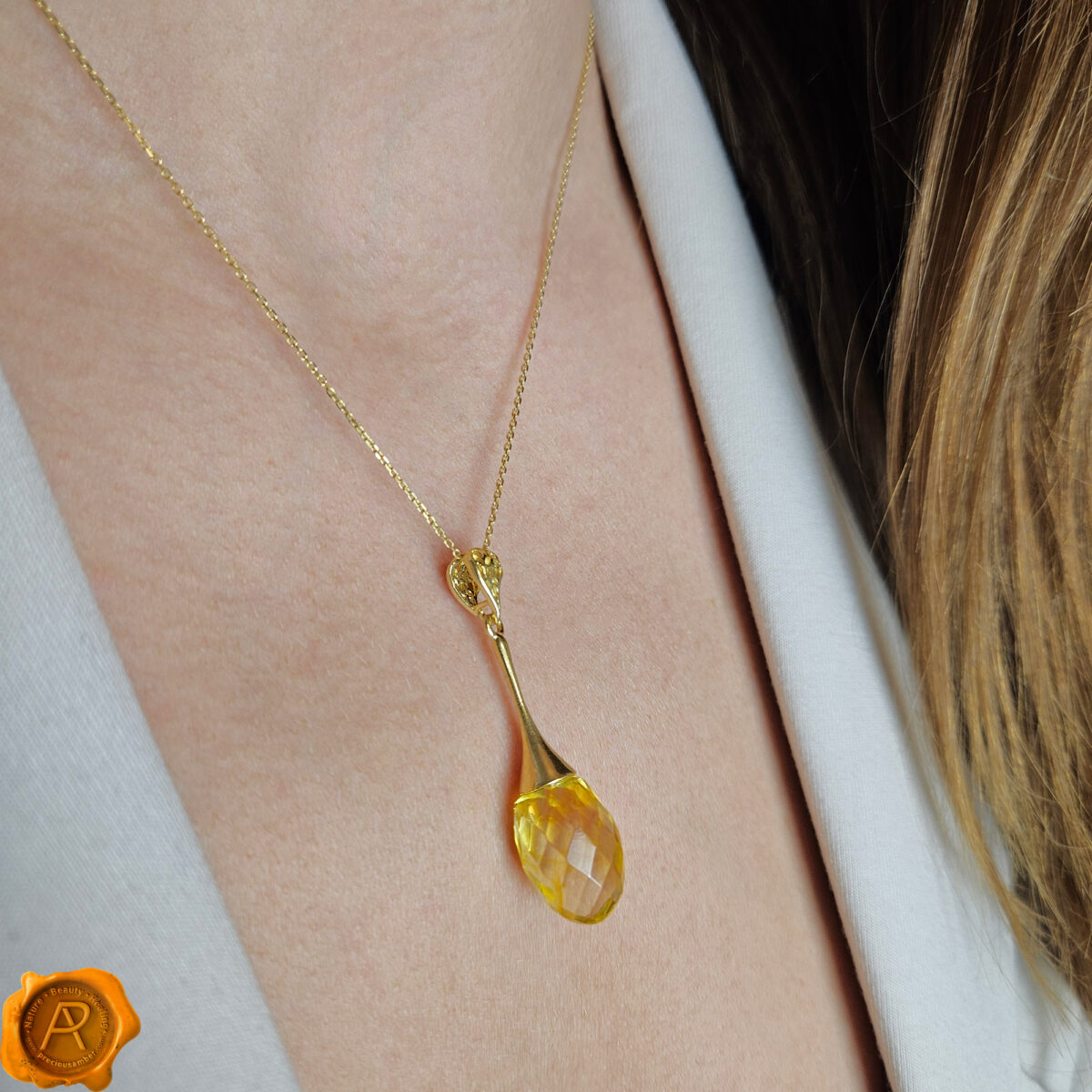 Gold-Long-Honey-Baltic-Amber-Luxury-Faceted-Teardrop-Gemstone-Crystal-Round-Sphere-Luxury-Jewelry-Pendants-Necklaces-for-Women-uk-Dublin-Ireland Luxurious Faceted Amber Gold Pendant - Image 2
