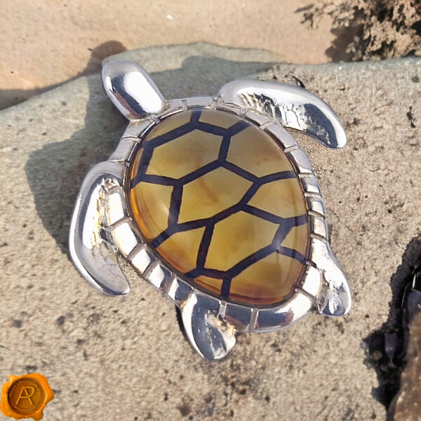 Carved Amber Silver Tortoise Pendant