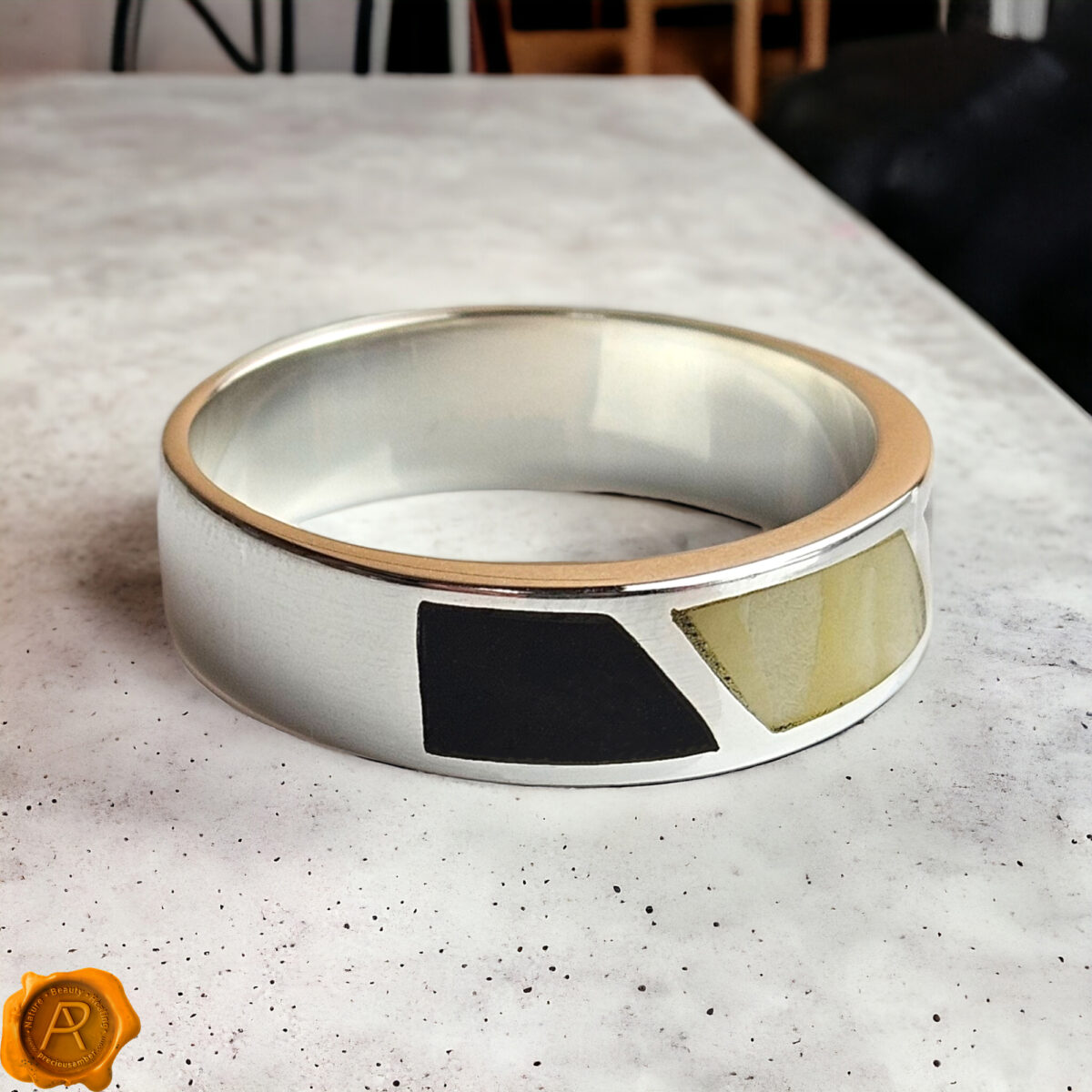 Large Multicolor Amber Silver Ring - Image 4