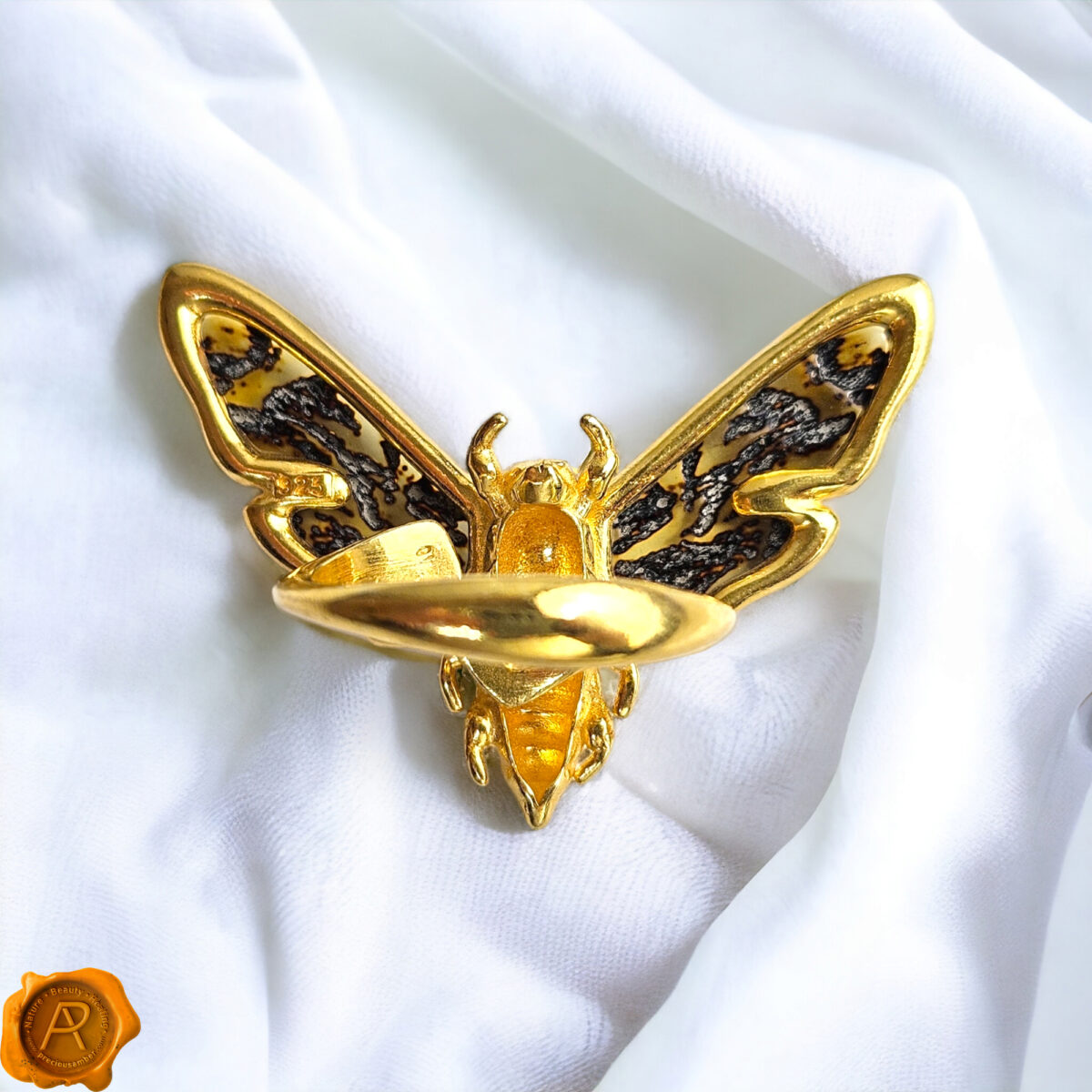 Adjustable Carved Amber Gold Moth Ring - Image 4