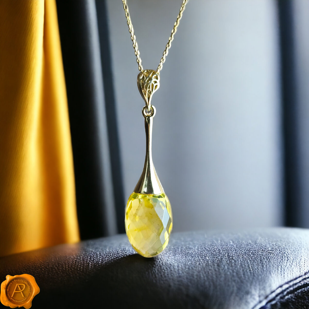 Luxury-Pendants-Gold-Silver-Long-Gemstone-Baltic-Amber-Drop-Teardrop-Jewellery-Pendant-Necklace-Gift-Women-UK-Ireland Luxurious Faceted Amber Gold Pendant - Image 1