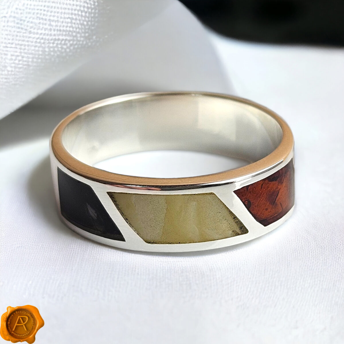 Large Multicolor Amber Silver Ring - Image 1