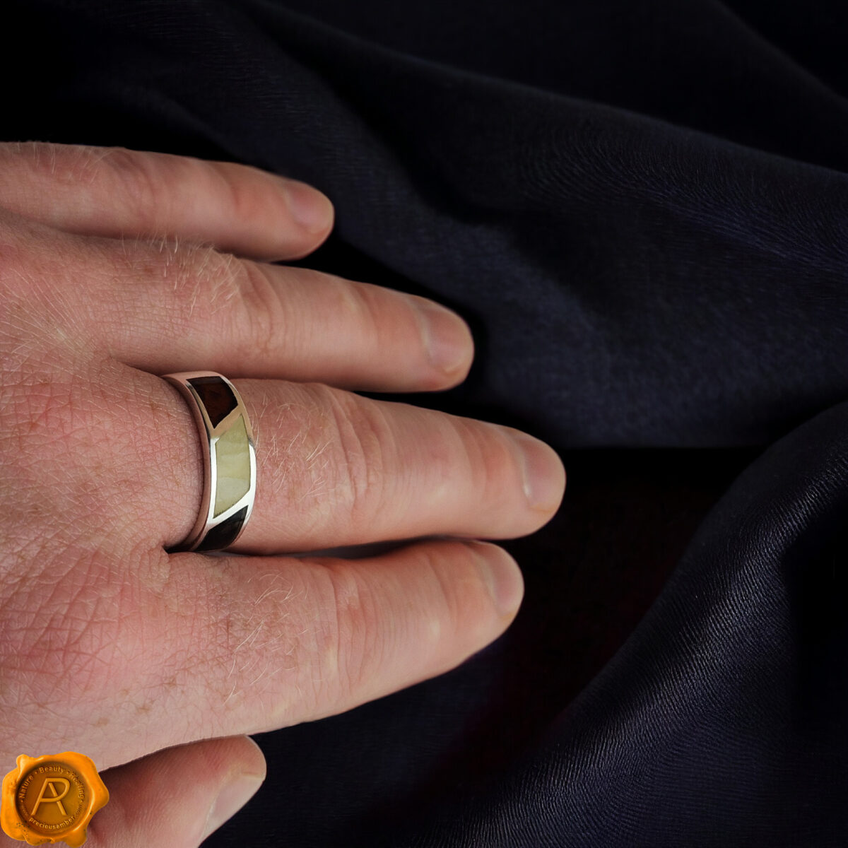 Large Multicolor Amber Silver Ring - Image 3