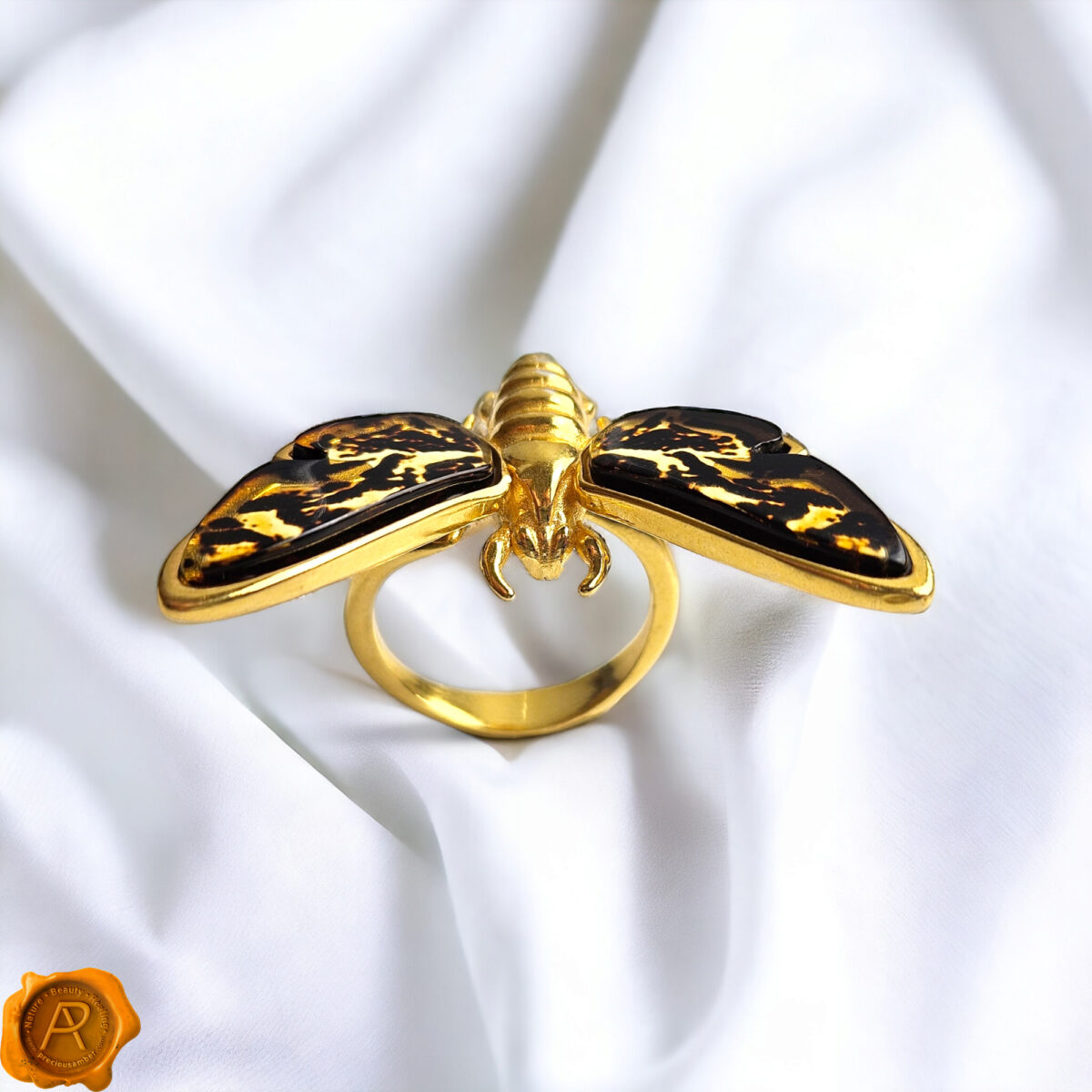 Adjustable Carved Amber Gold Moth Ring - Image 5