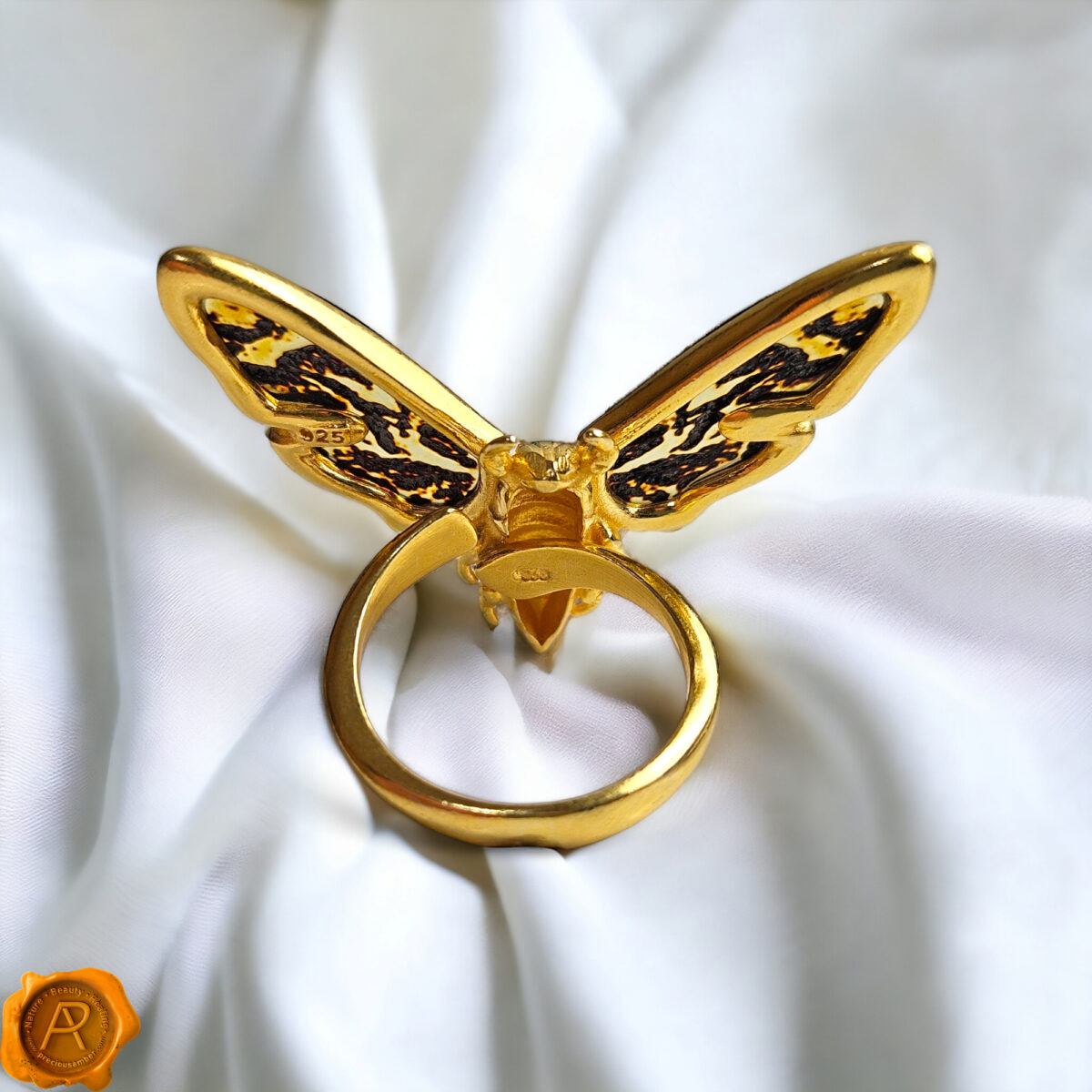 Adjustable Carved Amber Gold Moth Ring - Image 6