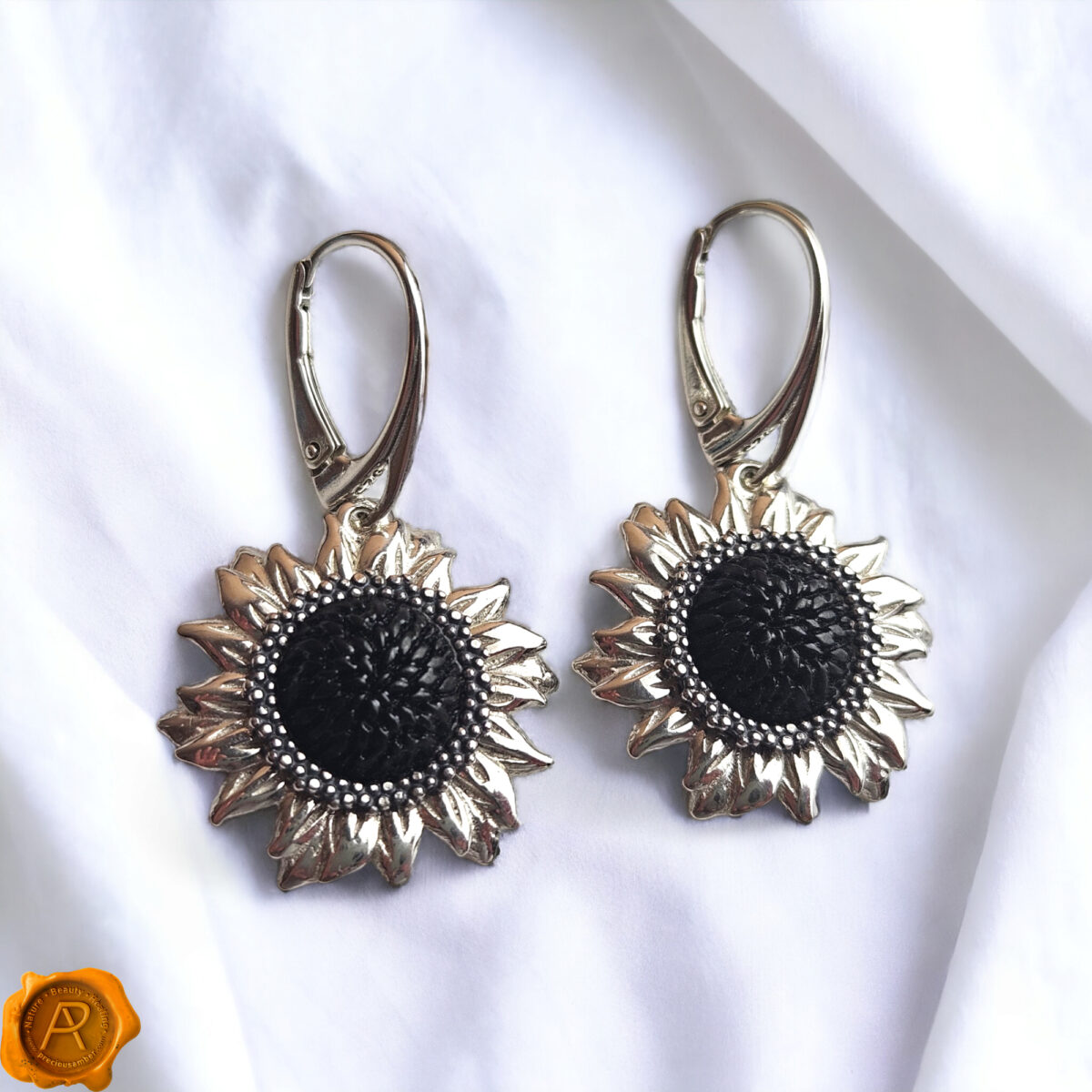 Amber Sunflower Silver Earrings - Image 4