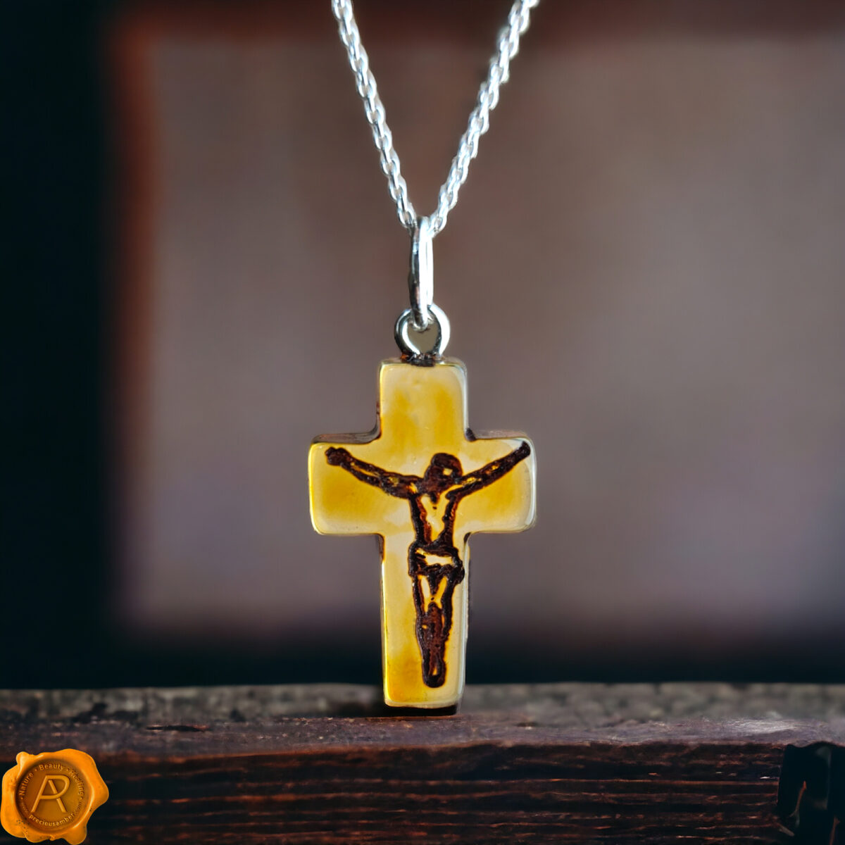 Small-Dainty-Crucifix-Cross-Gemstone-First-Communion-Gift-Christian-Jewellery-Necklace-Pendant-Baltic-Amber-Sterling-Silver Carved Amber Dainty Crucifix Pendant - Image 1