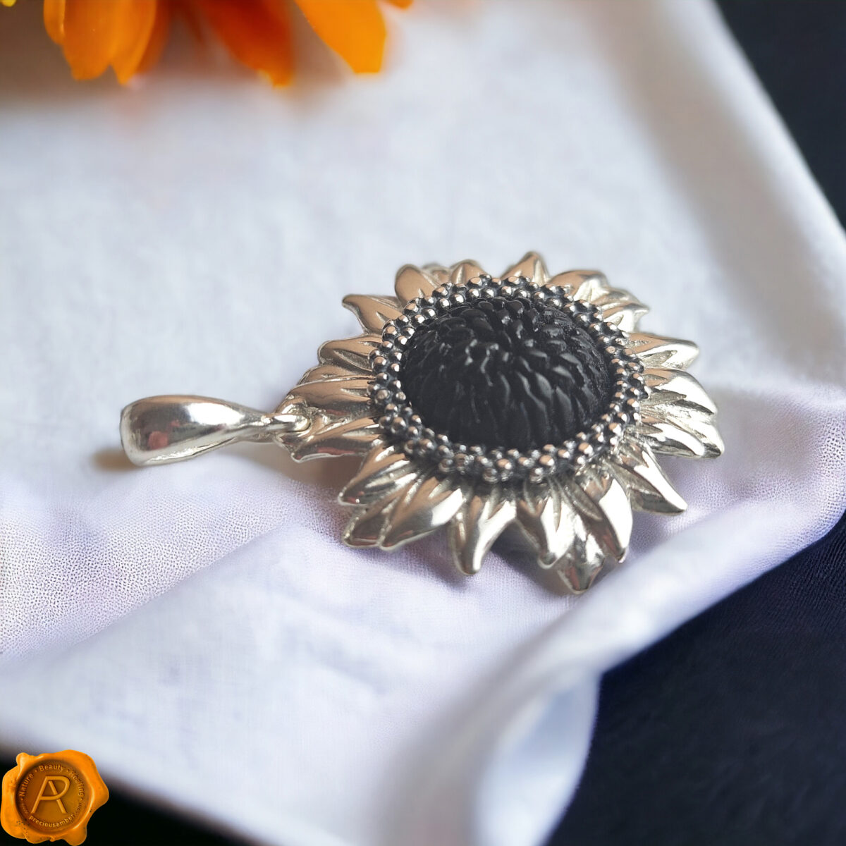 Sunflower-Gemstone-Sterling-Silver-Drop-Pendant-Necklace-Gift-Flower-Teardrop-Summer-Jewellery-for-Women-UK-Ireland Amber Sunflower Silver Pendant - Image 3