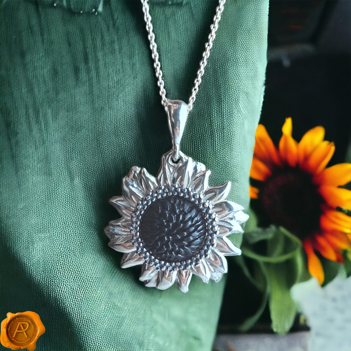 Sunflower-Gemstone-Sterling-Silver-Drop-Pendant-Teardrop-Necklace-Gift-Flower-Summer-Jewellery-for-Women-UK-Ireland Amber Sunflower Silver Pendant - Image 1