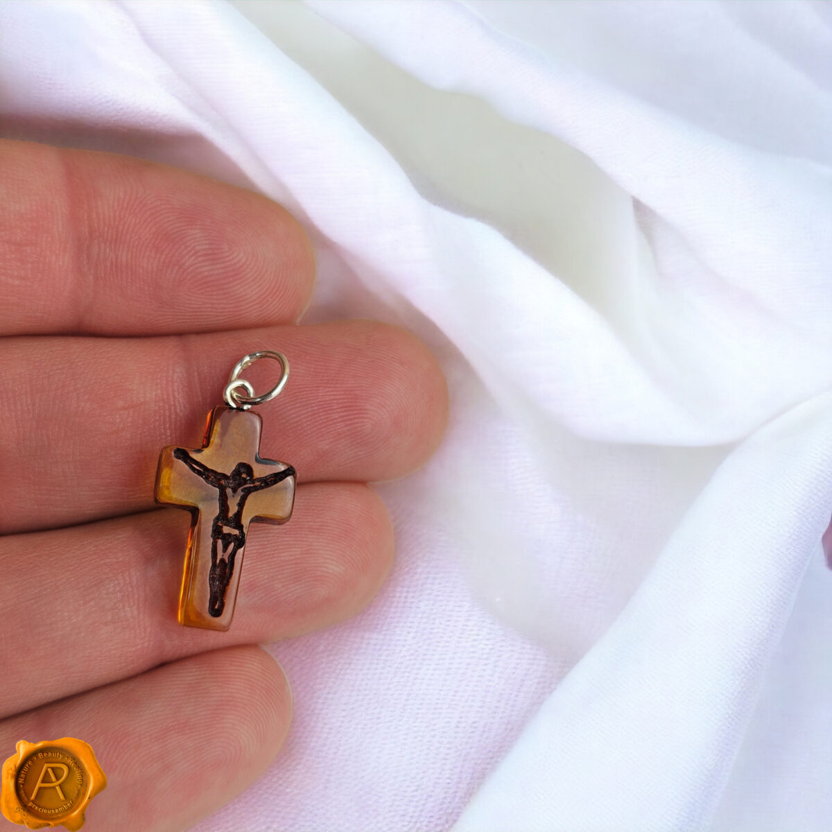 Tiny-Small-Crucifix-Cross-Gemstone-First-Communion-Gift-Christian-Jewellery-Necklace-Pendant-Baltic-Amber-Sterling-Silver Carved Amber Dainty Crucifix Pendant - Image 5