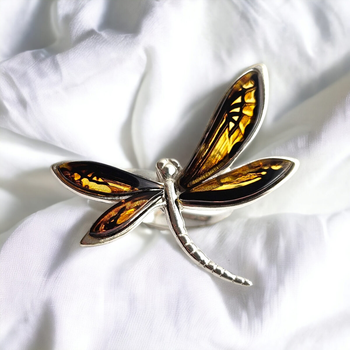 Adjustable Carved Amber Dragonfly Ring - Image 1