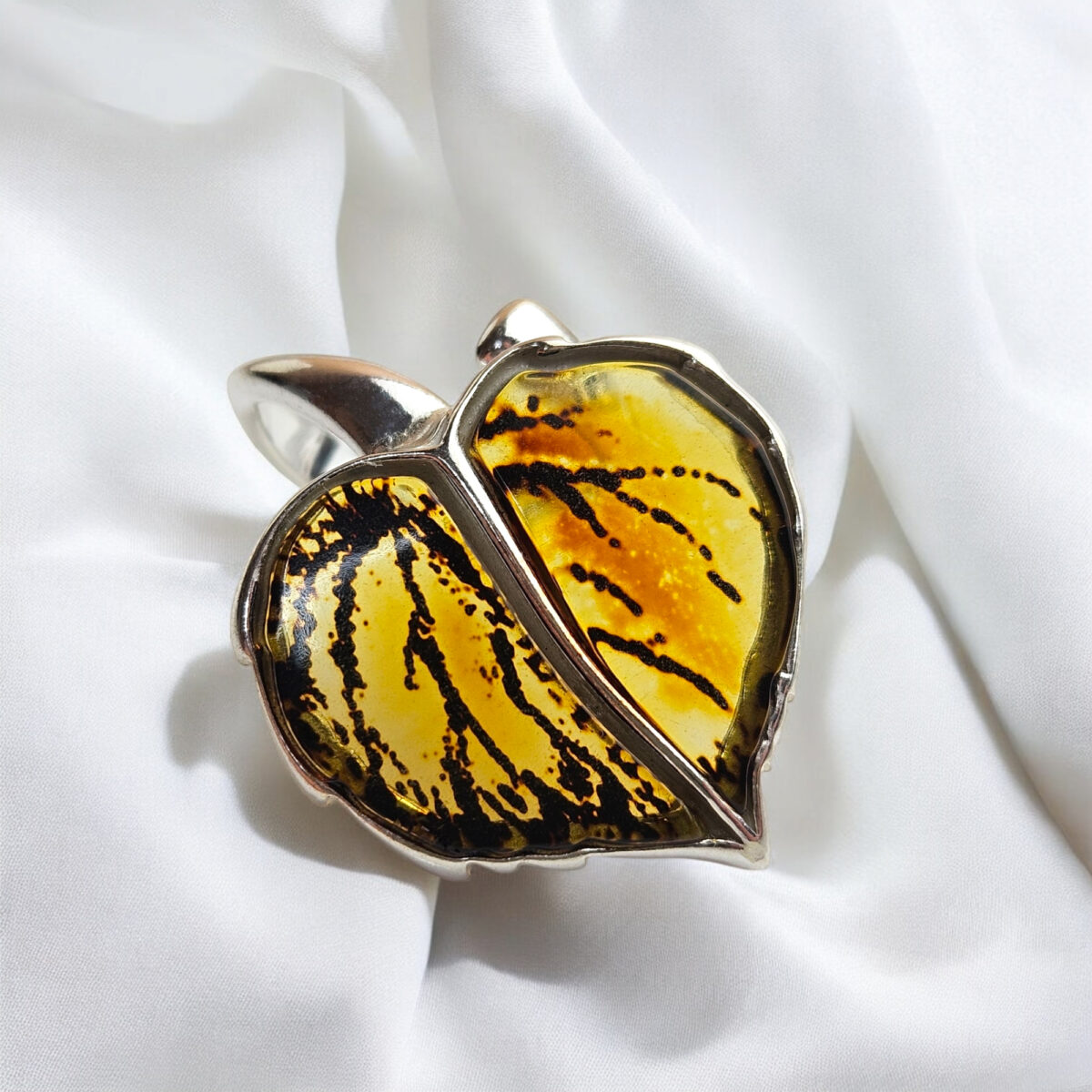 Adjustable Carved Amber Leaf Ring - Image 1