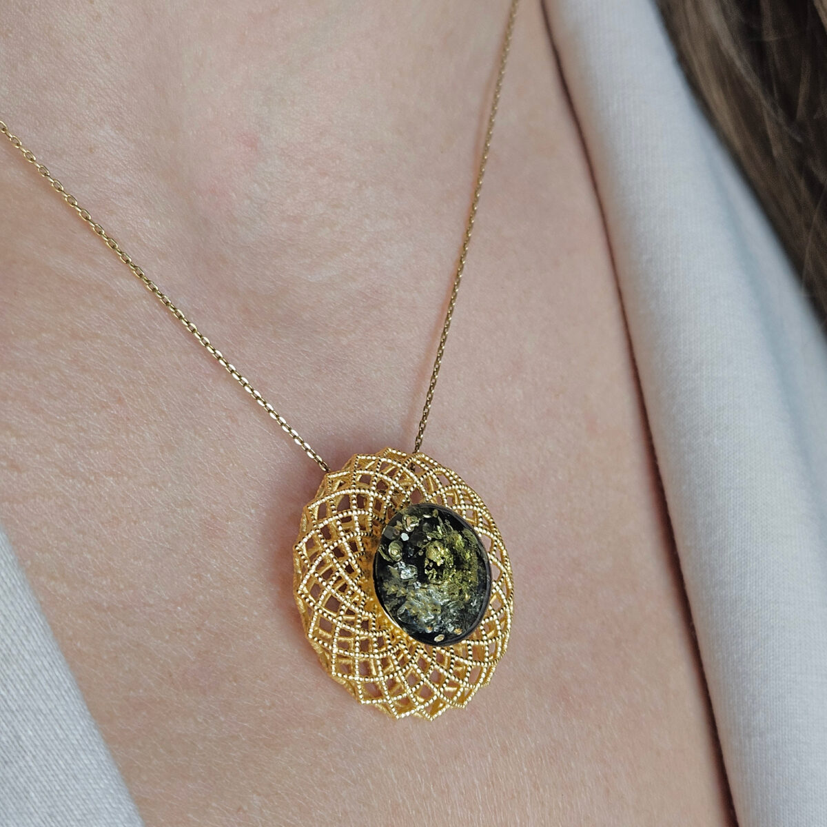 Abstract Green Amber Gold Pendant - Image 2