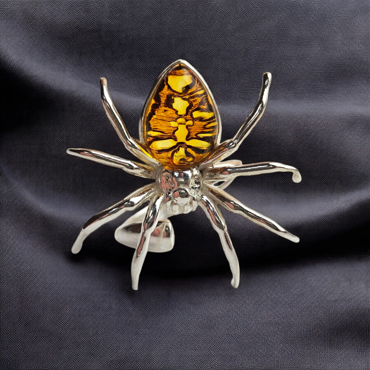 Adjustable Carved Amber Spider Ring - Image 1