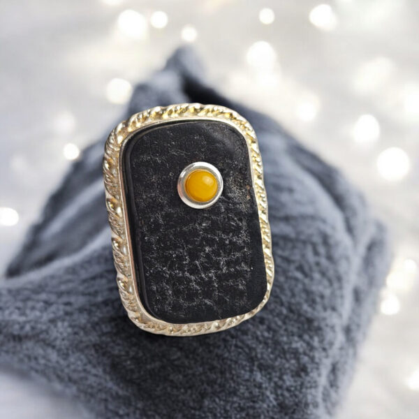 Adjustable Raw Amber Silver Protection Ring