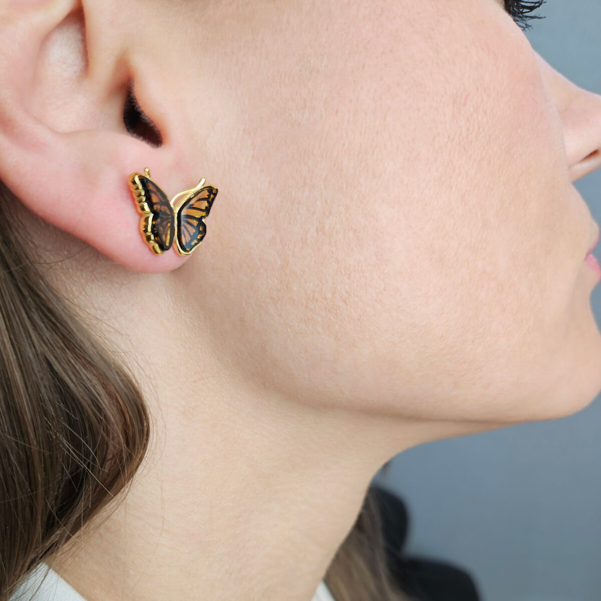 Small Gold Butterfly Studs Gemstone Baltic Amber Screw Stud Earrings Silver Girls, Minimalist Butterfly Lover Jewelry Gift Women