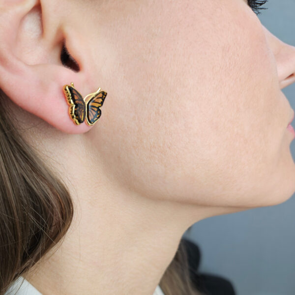 Small Gold Butterfly Studs Gemstone Baltic Amber Screw Stud Earrings Silver Girls, Minimalist Butterfly Lover Jewelry Gift Women