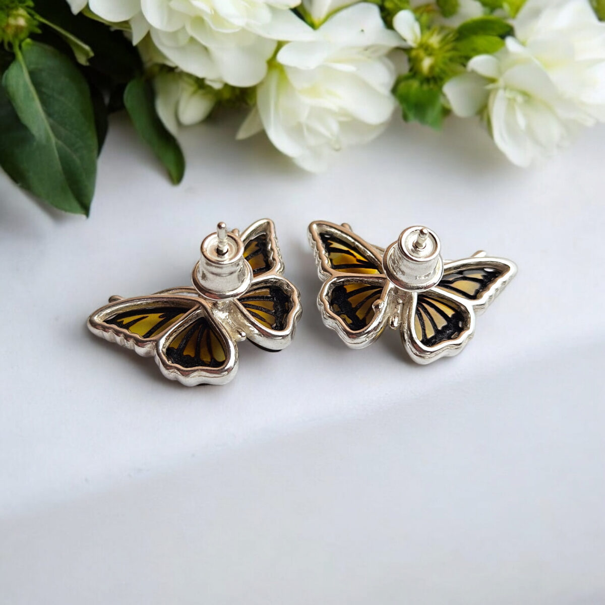 Tiny Butterfly Studs Gemstone Baltic Amber Small Screw Stud Earrings Silver Girls, Minimalist Butterfly Lover Jewelry Gift Women