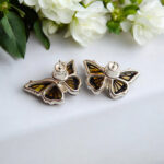 Tiny Butterfly Studs Gemstone Baltic Amber Small Screw Stud Earrings Silver Girls, Minimalist Butterfly Lover Jewelry Gift Women