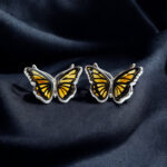 Carved Amber Butterfly Silver Stud Earrings