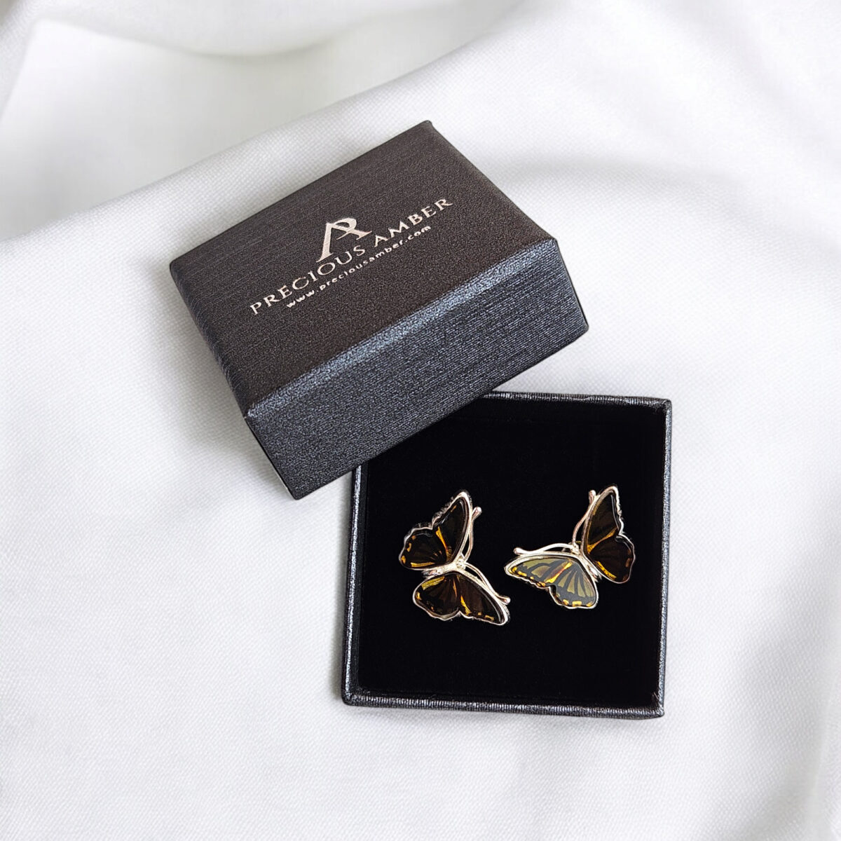 Carved Amber Butterfly Silver Stud Earrings - Image 8