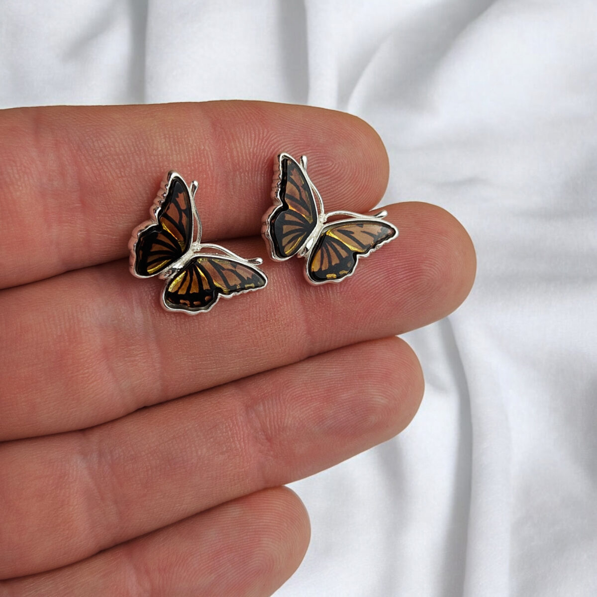 Carved Amber Butterfly Silver Stud Earrings - Image 6