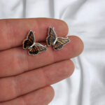 Carved Amber Butterfly Silver Stud Earrings - Image 6