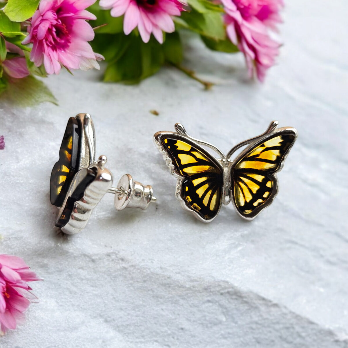 Carved Amber Butterfly Silver Stud Earrings - Image 4