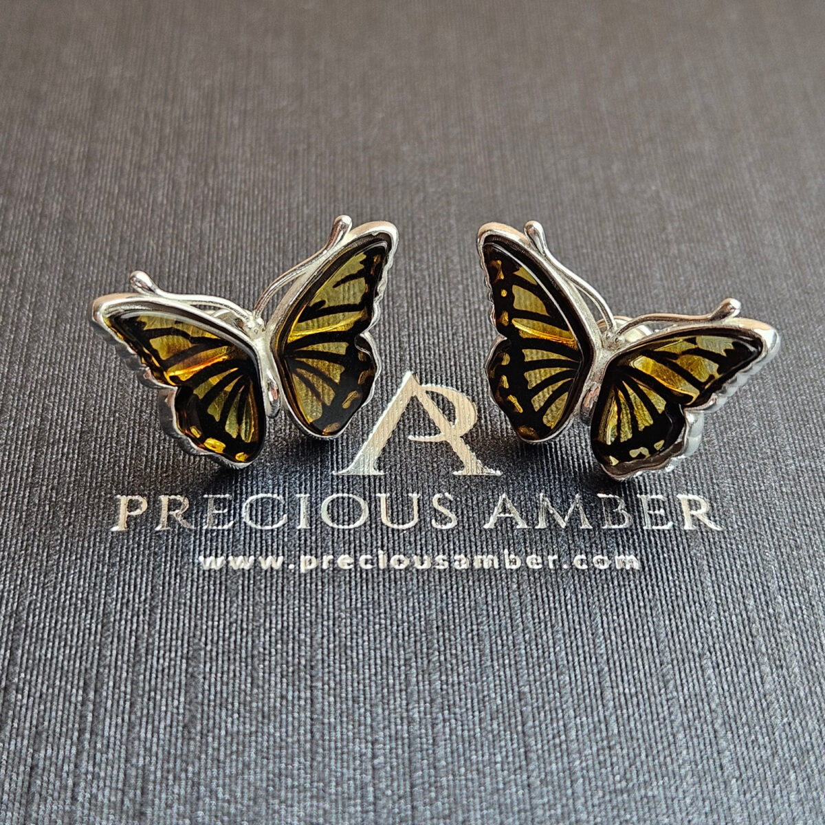 Carved Amber Butterfly Silver Stud Earrings - Image 7