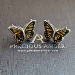Carved Amber Butterfly Silver Stud Earrings - Image 7